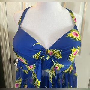 Women’s 3X Tankini Peacock Print Sheer Skirt Structured Cups Underwire Boy Short
